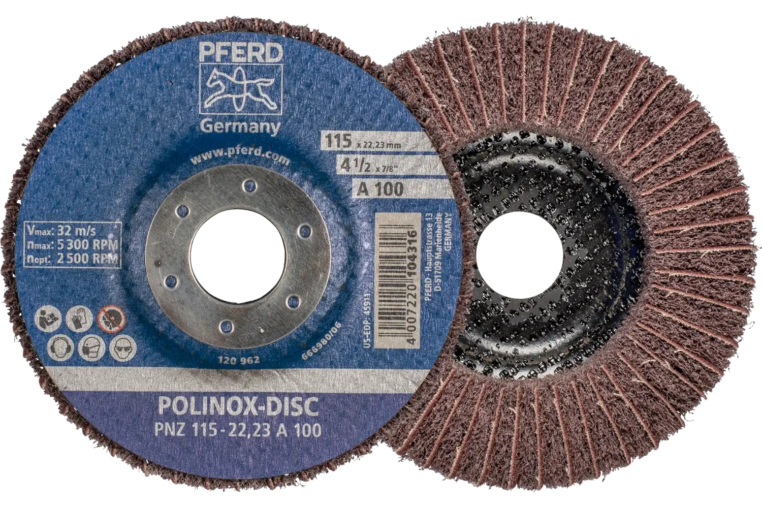 Picture of Pferd Polinox® Fibre-backing disc, 4-1/2"x 3/4 x 7/8, Interleaved, 100 Grit, Aluminum oxide